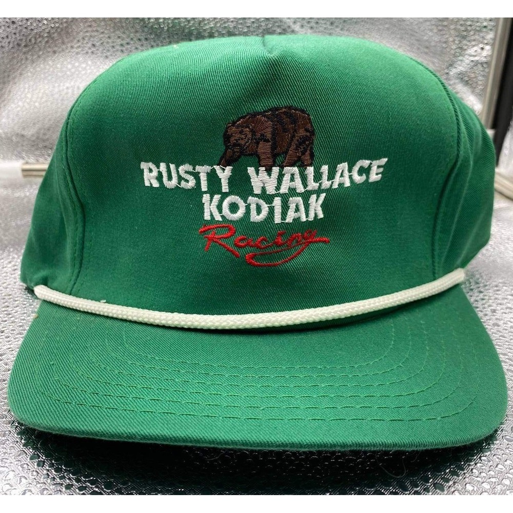 Vintage Rusty Wallace Kodiak Racing Men Green Snapback Rope Trucker Hat Nascar